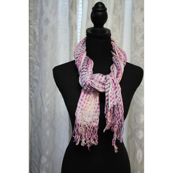 Scarf /73 inches / Cream scarf with purple, pink and orange. - Picture 4 of 8